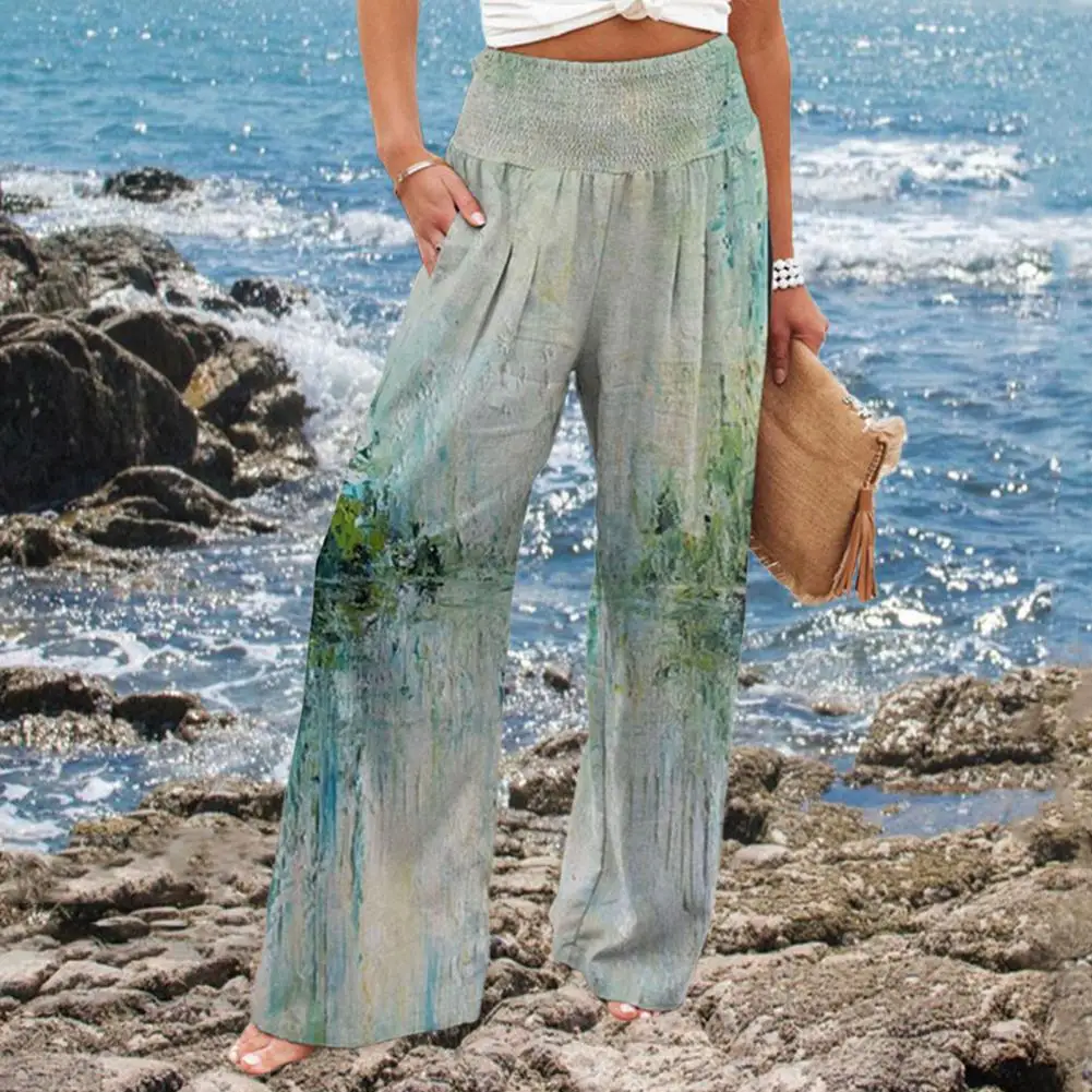 

Casual Wide-leg Pants with Pockets Stylish Women's Wide Leg Pants with Elastic Waist Pockets Tie Dye Print Casual for Spring