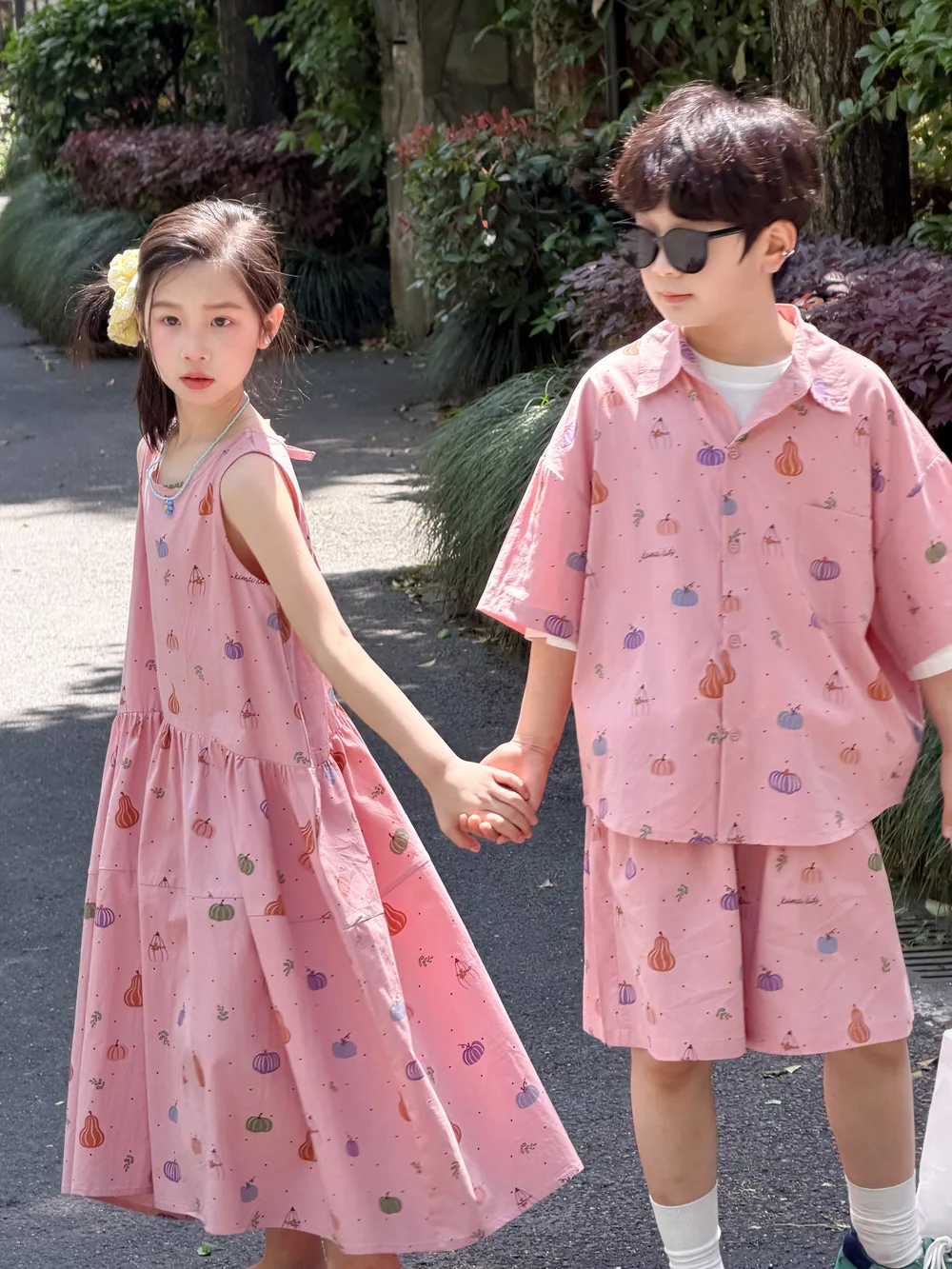 Brother And Sister Clothes 2026 Summer Korean Girls Loose Print Dress Or Boys Shirts Shorts 2Pcs Set Children's Sibling Outfits