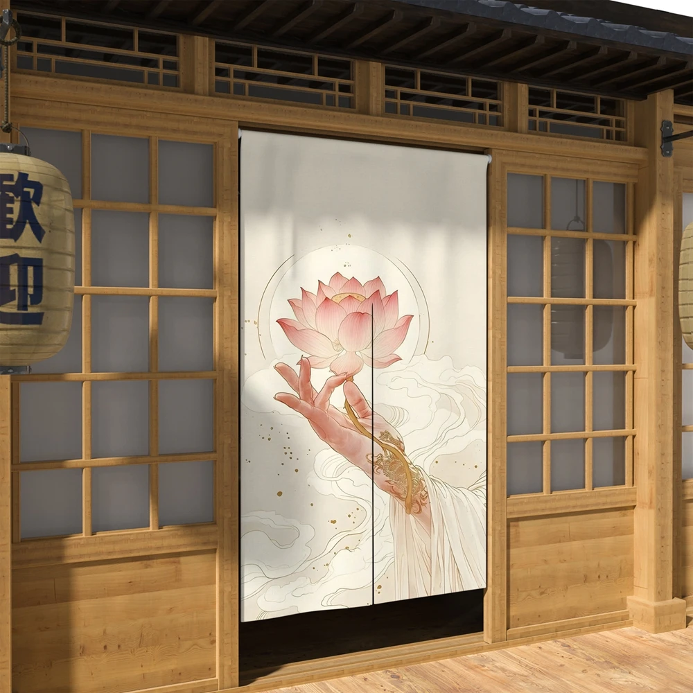 Chinese Lotus Noren Curtains Ink Wash Japanese Design Zen Tea Room Decor Oriental Elegant Entrance Divider Hanging Half-Curtain