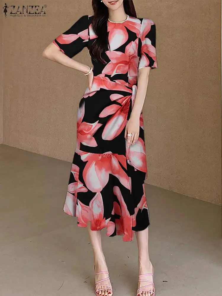 

Stylish Floral Printed Dress ZANZEA Summer Sundress Women Short Sleeve Party Vestidos Slim Fit Clubbing Dress Work Robes Sarafan