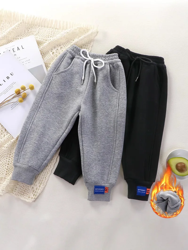 

Toddler Fleece-Lined Sweatpants Autumn Winter New Elastic Waist Thicken Lining Solid Color Loose Casual Pants for 1-5Y Kids