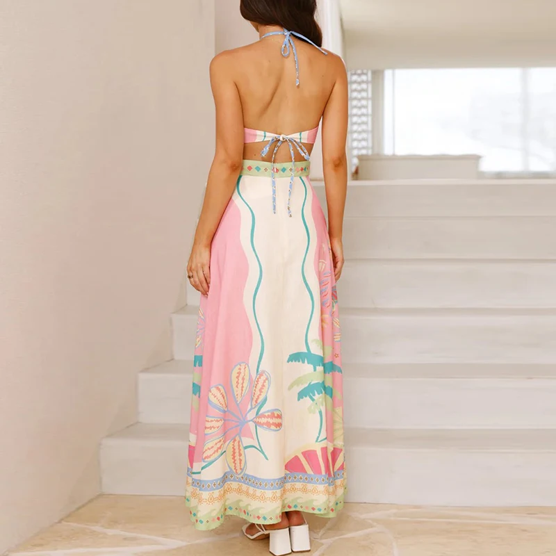 Abito da festa cavo con lacci senza schienale primavera estate Abito lungo da donna sexy con spalle scoperte Nuovo abito Boho da spiaggia per vacanze casual