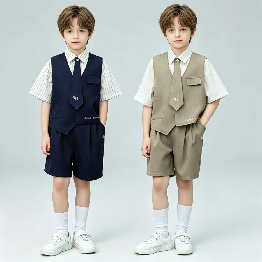 

Kids Boys Dress Suit Letter Embroidery Vest Striped Shirt Shorts With Tie For Wedding Birthday Ceremony Banquet Photoshoot Party