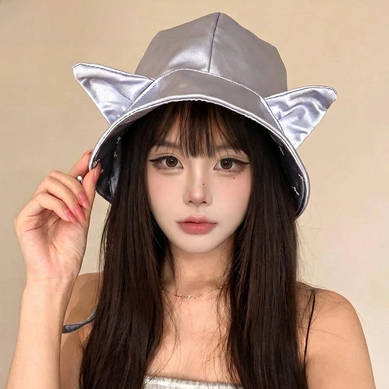 愛らしい両面着用サテン猫耳バケットハット夏の日焼け防止帽子女性スタイルの釣り用キャップつば広帽子