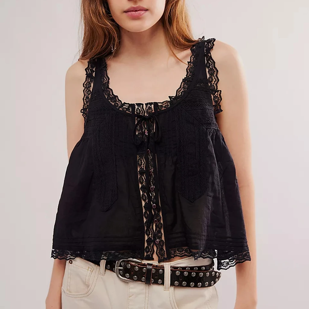 Combhasaki Women's Summer Y2K Loose Fit Round Neck Vest Sleeveless Button-up Lace Trim Patchwork Outwear Gilet Crop Tank Tops