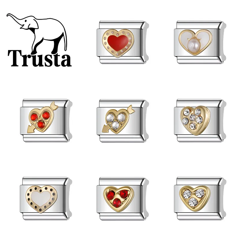 Trusta 2025 Heart Bright Stone Italian Links 9mm Bracelet Stainless Steel for Girls Birthday Gift DIY Jewelry Wholesale N567