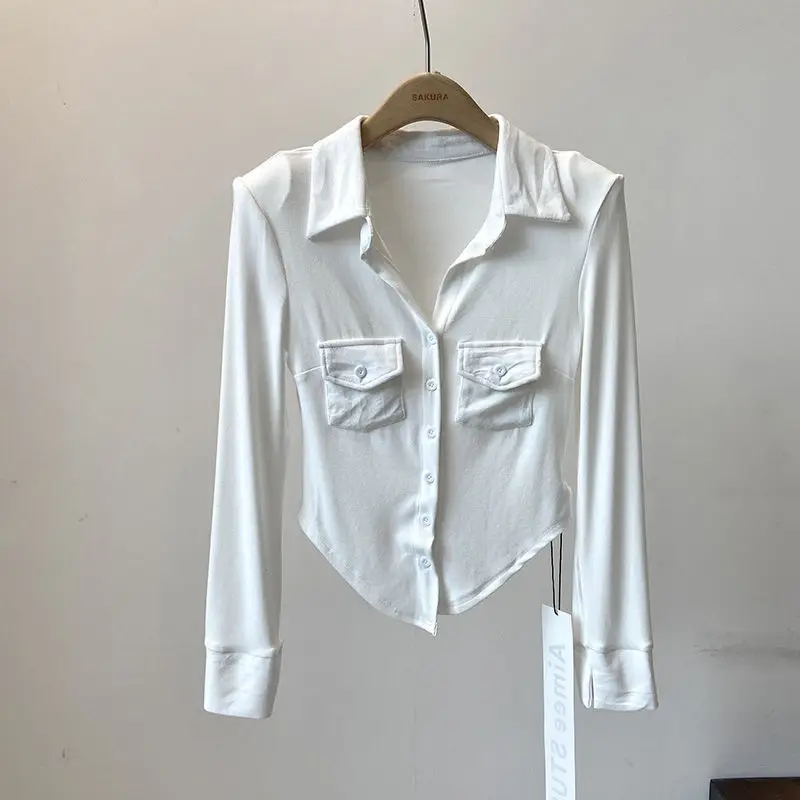 

Solid Color Retro Long-sleeved Sunsn Shirt Front Shoulder Hot Girl Top Women Fashion Casual Button Splicing Cardigan