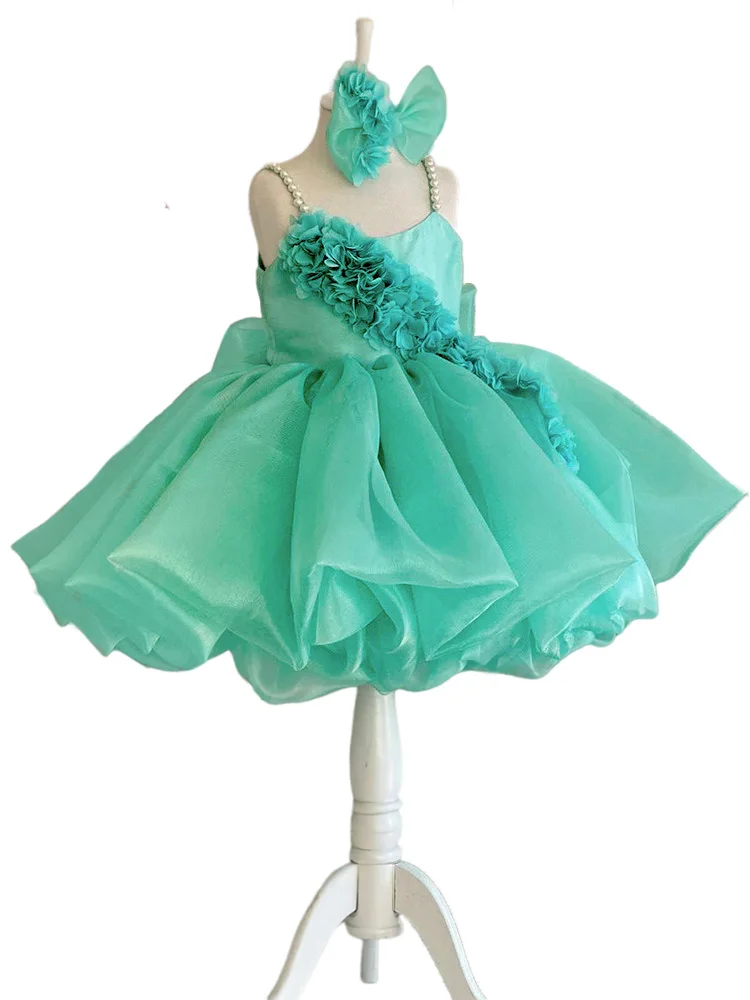 Girls Green Organza Floral Birthday Dress Knee-Length Ceremonies Wedding Party Princess Gown for 1-12 Girls Pink