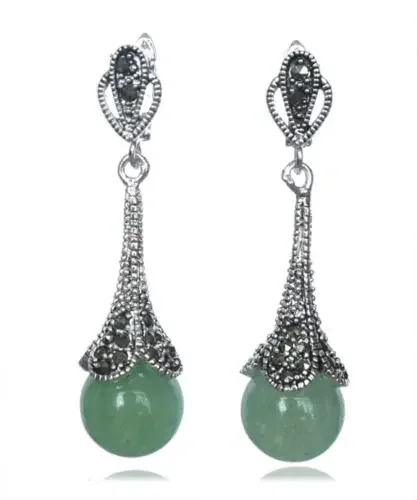 

RARE 925 STERLING NATURAL GREEN stone BEADS MARCASITE EARRINGS 14/5inchLuxury Girls Wedding