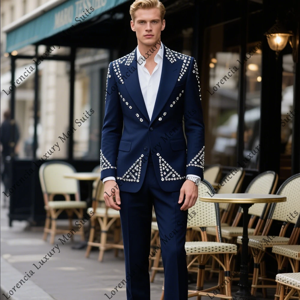 

Elegant Crystal Suits for Men 2 Pieces Single Breasted Tuxedos Wedding Banquet Party Outfit Customized Blazer Pants ropa hombre