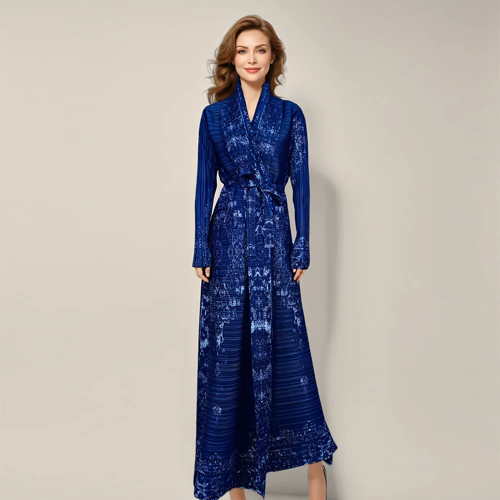 

Pleated printed robe trench coat versatile spring coat women's high sense large size printed lapel tie cape fashion simple tempe