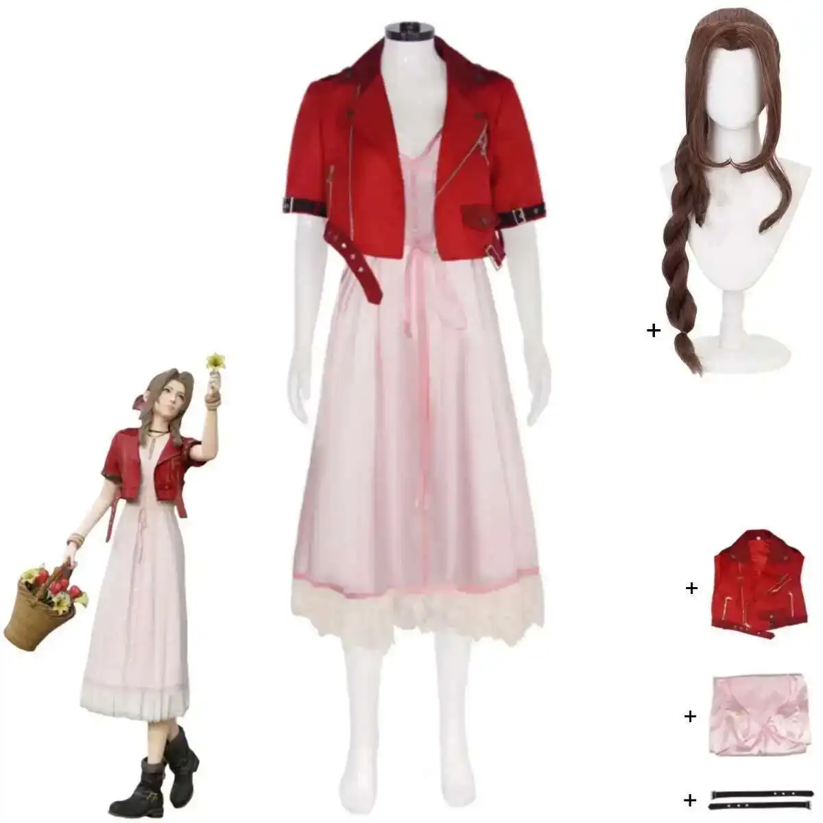 

Game Final Fantasy VII Remake Aerith Gainsborough Cosplay Costume Red Coat Pink Dress Wig Woman Sexy Carnival Christmas Suit