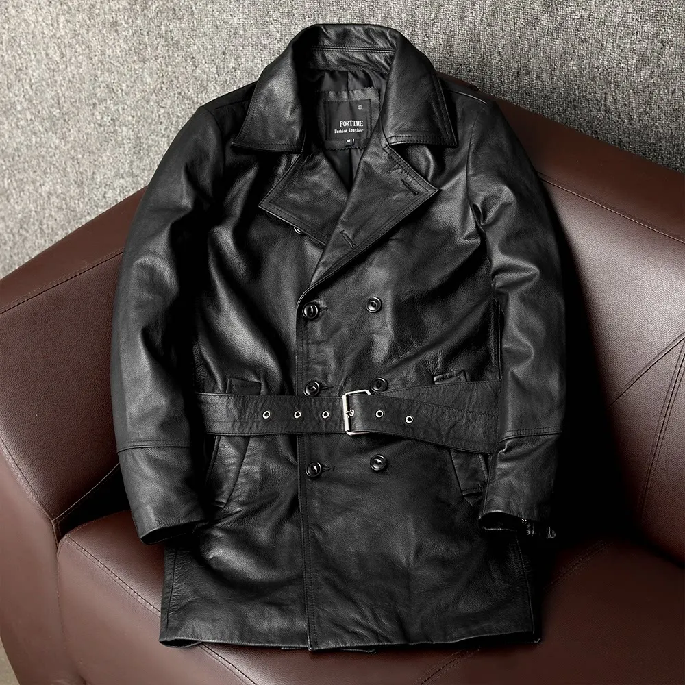 Medium and long trench coat pure first layer cowhide leather locomotive business casual large size suit collar jacket