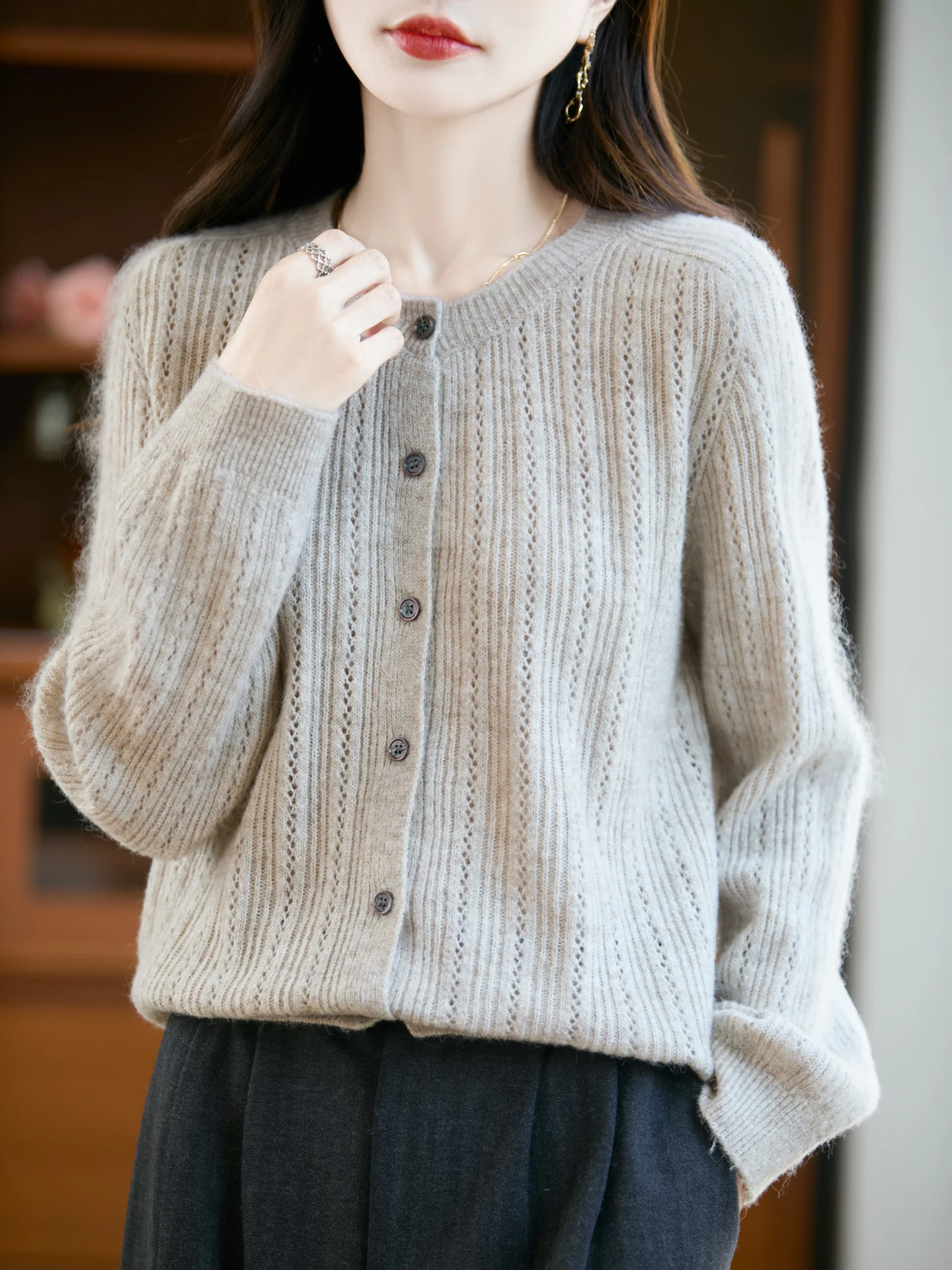 Hollow Out Autumn Winter Woman Sweater Elegant Ladies 30% Merino Wool Knitted Cardigan Cashmere Female Long Sleeve Clothing Tops