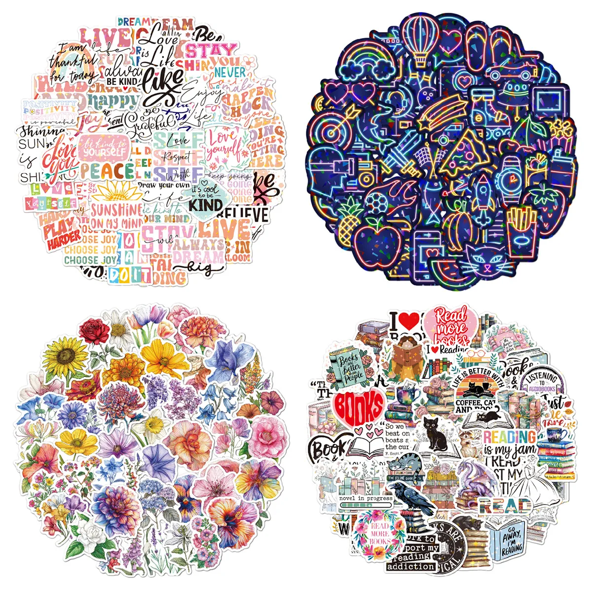 Holographic Laser Stickers Star Reading Flower Motivational Decals for Suitcase Tablet Helmet Water Bottle Waterproof