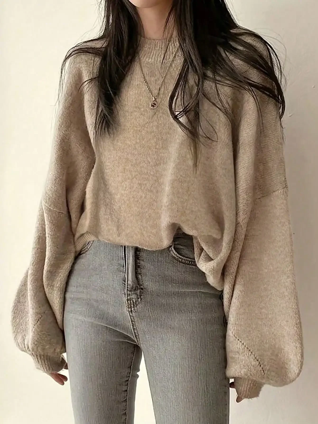 캐주얼 프렌치 스타일 루즈핏 크루넥 긴팔 니트 스웨터, 가을/겨울에 활용도 높음