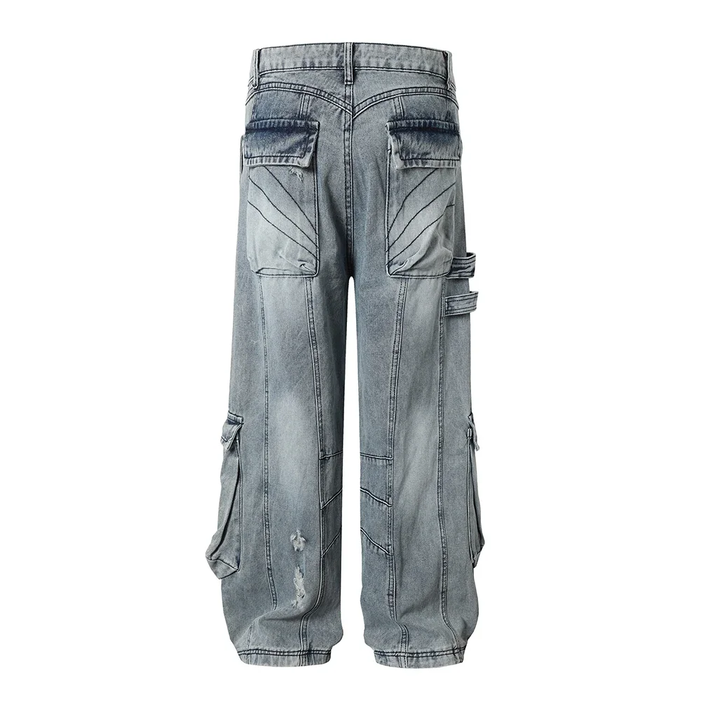 Distressed Hole Washed Blue Baggy Jeans for Men and Women Streetwear Vintage Loose Denim Trousers Oversized Ripped Cargo Pants