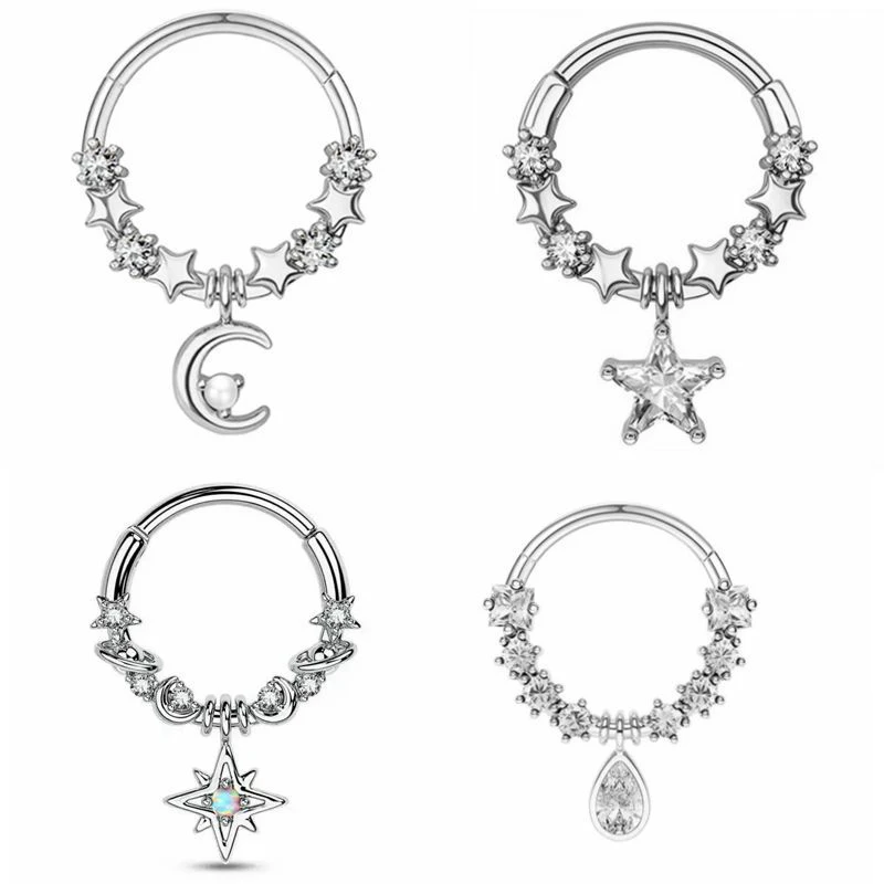 Stainless Steel Septum Hoop Clickers Nose Ring Women Fashion Crystal Tragus Cartilage Helix Piercing Hoop Earrings Jewelry