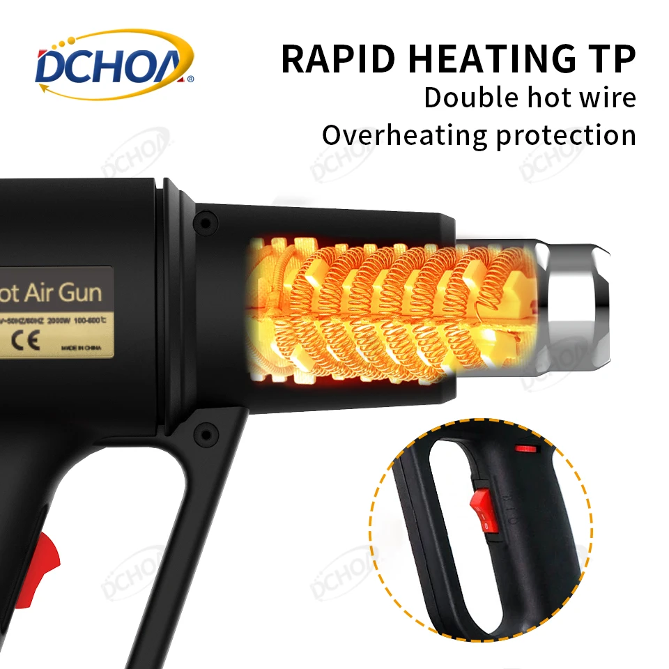 DCHOA Heat Gun for Car Vinyl Wrap Dual Speed Fast Heating Hot Air Gun Stepless Temperature Control Side Dial for PPF Window Tint