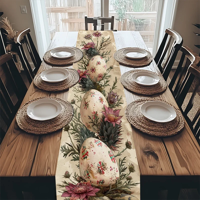 1Pc Table Runner, Floral and Easter Egg Pattern Design, Incorporating Spring Elements, in Beige Tones, Suitable for Easter, Spring, Valentine's Day, Birthdays, Weddings, and Other Occasions, Ideal for Use in Homes, Restaurants, Cafes, Kitchens, Dining Tables, Coffee Tables, Buffet Tables, Perfect for Event Styling, Banquets, Picnics, Holiday Decorations, Holiday Displays, and Seasonal Table Settings