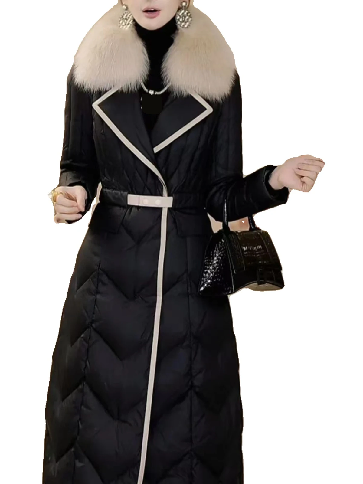 2023 Winter New Thickened Down Coat Women Luxury Imitation Big Fox Fur Collar Slim Outerwear Fashion Laple Long Jacket with Belt