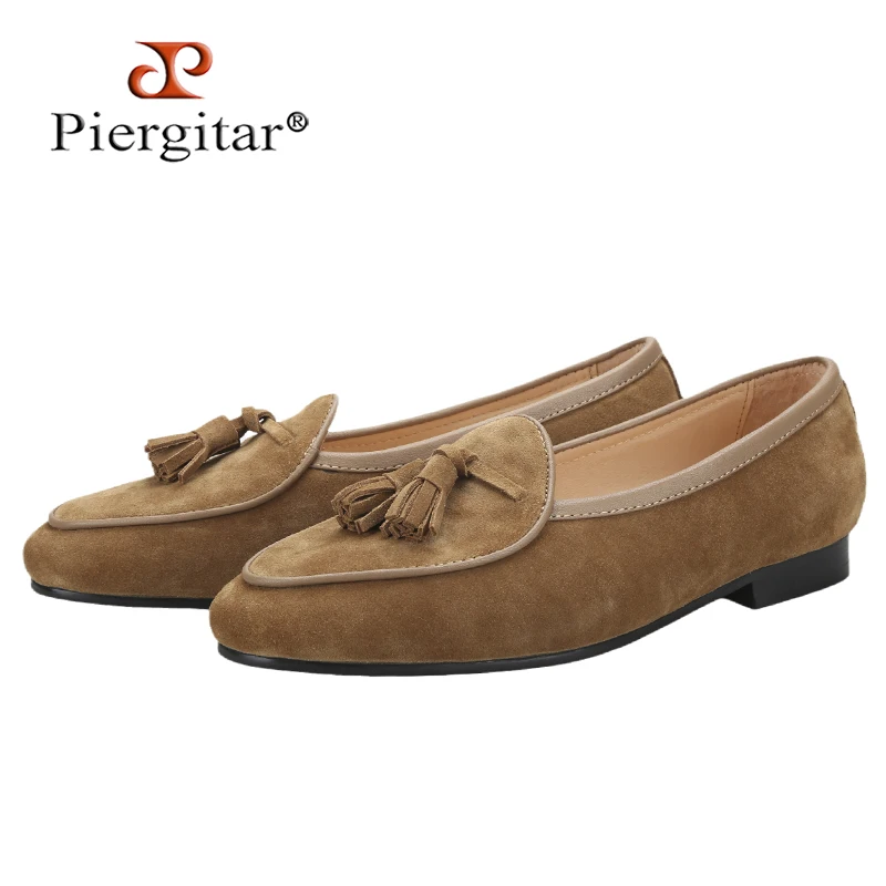 Piergitar British Classic Style Dark Khaki Suede Men's Smoking Slippers With Handmade Tassels Customized From Our Own Factory