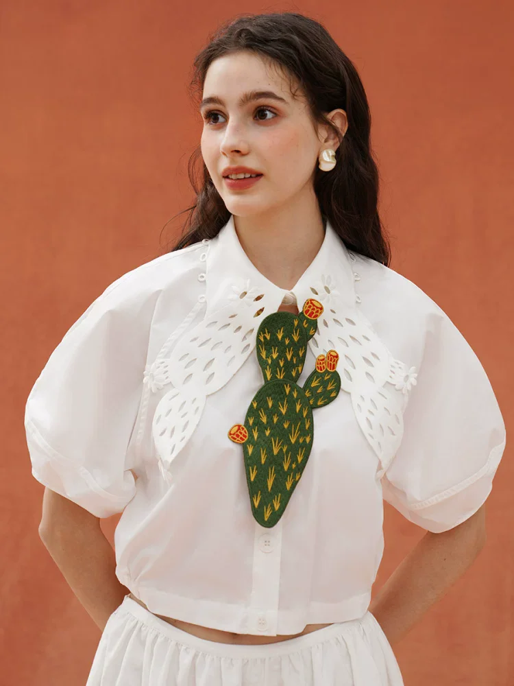 Women's Green Cactus Embroidery Neck Tie Retro Original Design Knot-Free Accessory Trendy Minority Style