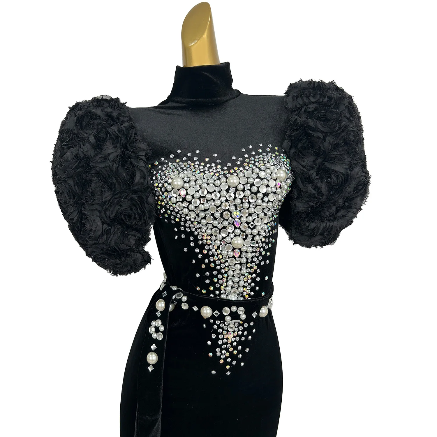 Women Velvet Backless Evening Dress Sparkling Rhinestone Pearls High-end Floor-length Dress Birthday Party Queen Couture Sirong