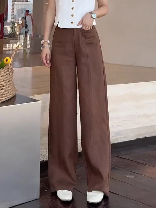 

Льняные широкие брюки женские летние тонкие свободные драпированные повседневные прямые брюки в пол с высокой талией на пуговицах в корейском стиле