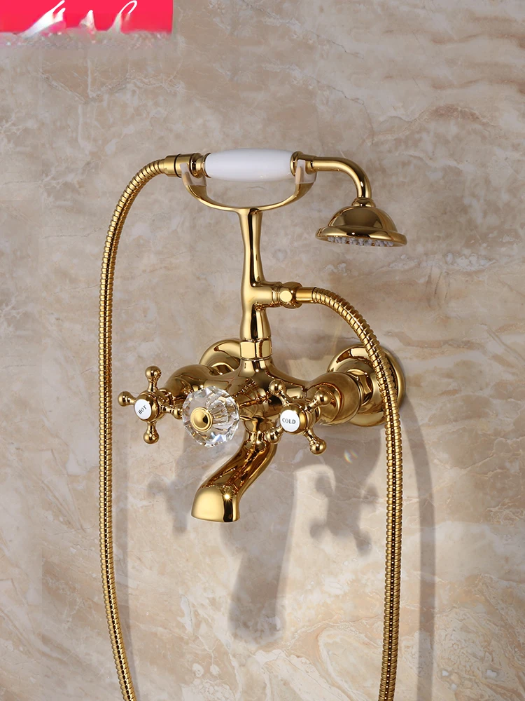 

Famous warm European style gold jade all-copper floor type into the wall cylinder side hot and cold bathtub faucet shower set