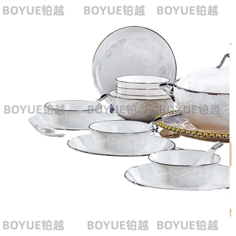 Jingdezhen Bone China Dinnerware Set Silver Rim Bowl Plate Chopsticks Elegant Tableware for Corporate Gifts Wholesale
