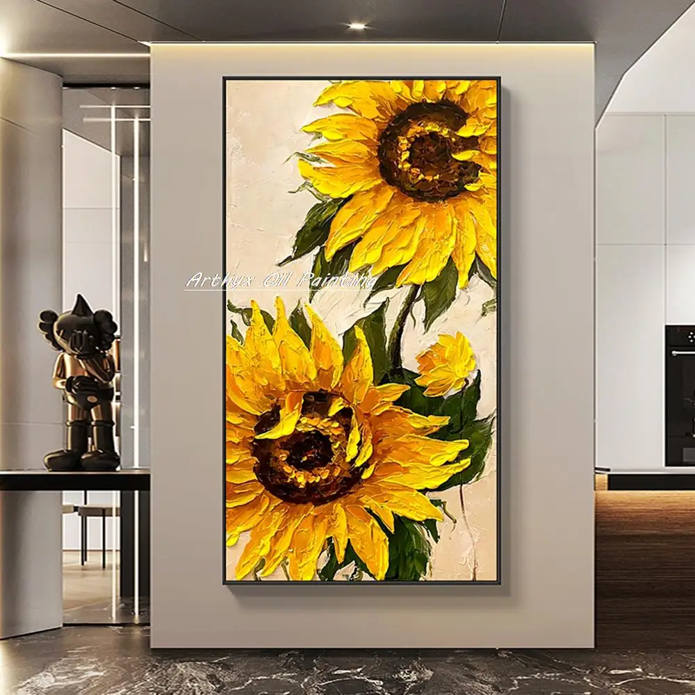 Arthyx Hand Painted Thick Texture Abstract Sunflower Oil Painting On Canvas,Handmade Flower Wall Art,Picture For Home Decoration