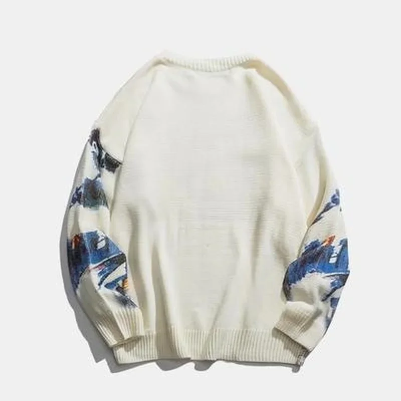 Autumn Chinese Style Printed Dyed Pullover Sweater Men's Loose Retro National Beijing Opera Top Couple Unisex Jumpers Streetwear