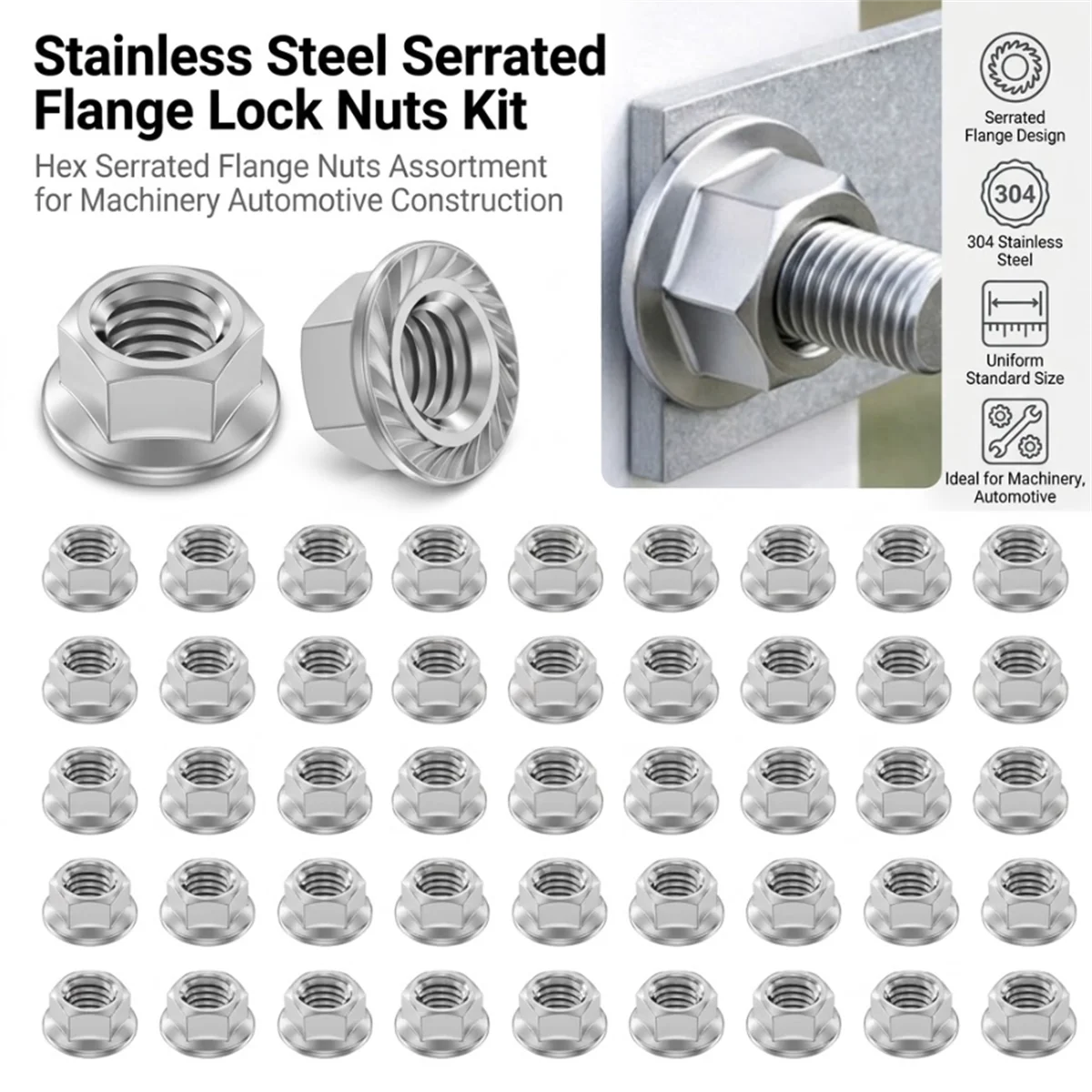 50Pcs M10x1.5mm Hex Flange Nut 304 Stainless Steel Serrated Anti Slip Self Locking Fastener Hardware For Auto Machinery Repair