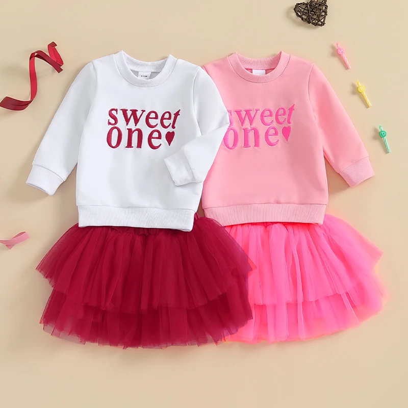 Baby Girl 1st Birthday Outfit Letter Embroidery Long Sleeves Sweatshirt with Tulle A-Line Skirt 2 Pcs Set