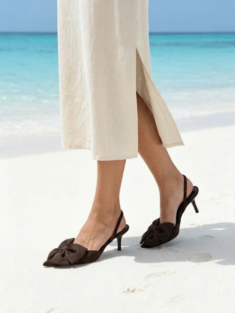 Sexy Spitze Slingback-Pumps für Damen mit Schleifendekoration und Rückenriemen, Elegante Sommer-Hochhackige Sandalen für Partys, Designer-Pumps – Detail 6