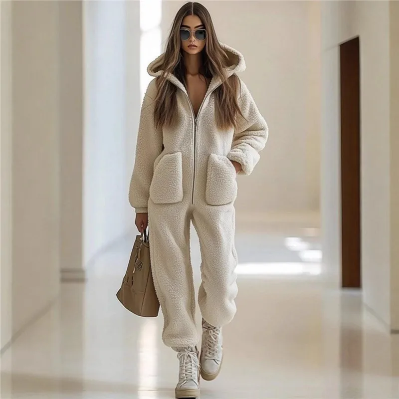 

Зимний удобный комбинезон 2025 с капюшоном и v-образным вырезом, плюшевый уличный теплый комбинезон с карманами на молнии, женские свободные прямые длинные брюки