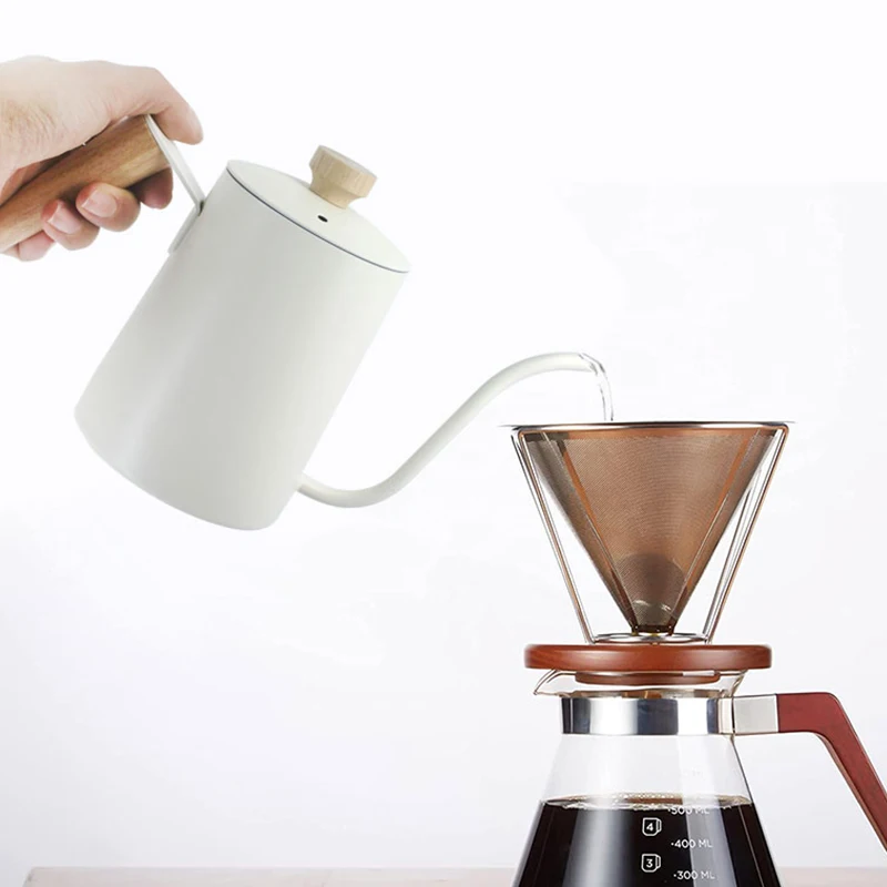 Classic Design Hand Brewed Coffee Pot White Stainless Steel Gooseneck Coffee Pot with Wooden Handle