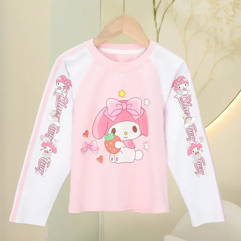 My Melody เสื้อยืดแขนยาวลายอะนิเมะสำหรับเด็กผู้หญิง, เสื้อคอกลมลายน่ารักสำหรับผู้หญิงพิมพ์ลาย Kuromi Cinnamoroll ฤดูใบไม้ร่วง Baju anak ของขวัญ