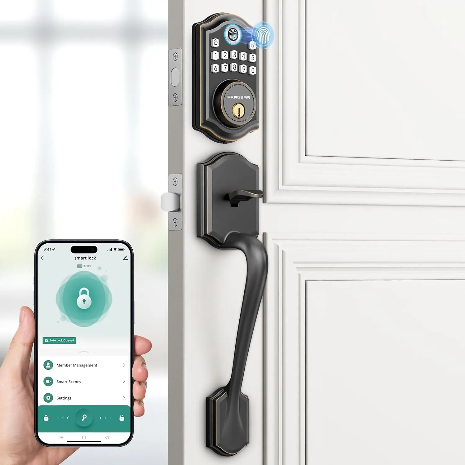 

Умный дверной замок с бесключевым доступом, сканером отпечатков пальцев, клавиатурой и управлением через Bluetooth-приложение, функцией автоматической блокировки, цвет: бронза с эффектом потертости