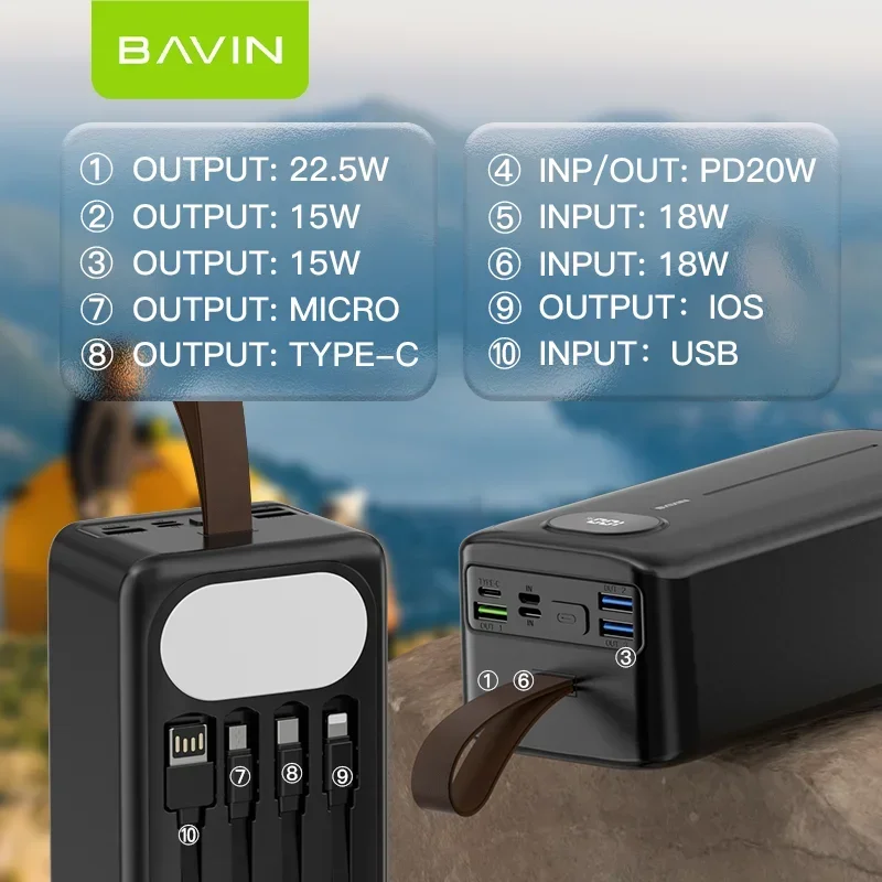 BAVIN Wholesale Portable Large Capacity 60000 mah Power Bank 22.5W Fast Charging powerbank with Flashlight and Cables pc030s