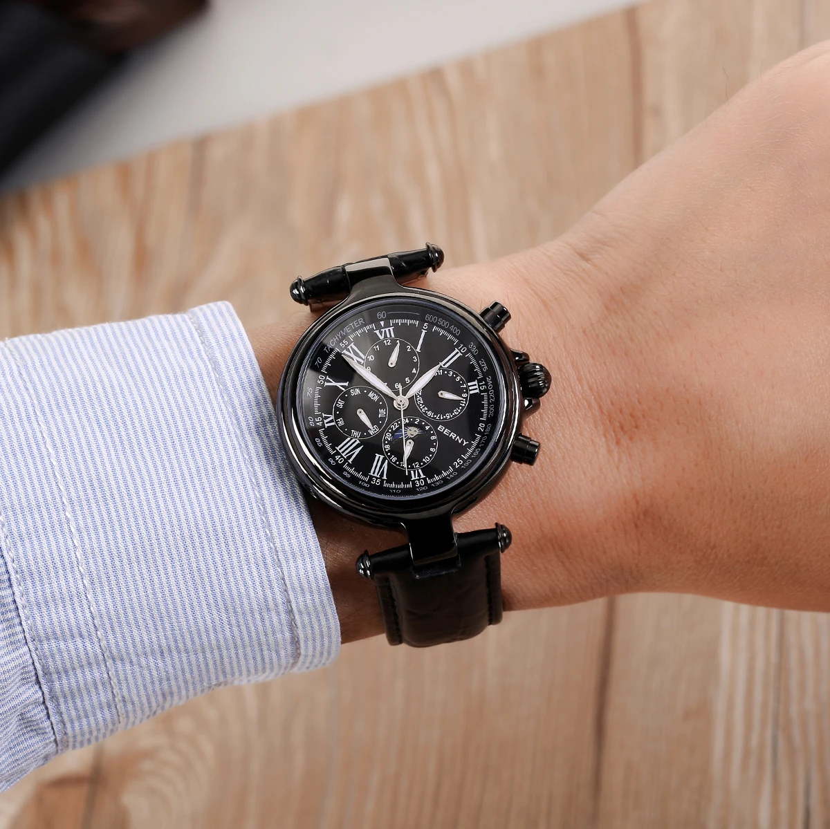BERNY Retro Automatic Men's Watch Sun&Moon Phase Luminous ST1652 Classic Genuine Leather Luxury Mechanical Men's Dress Watches