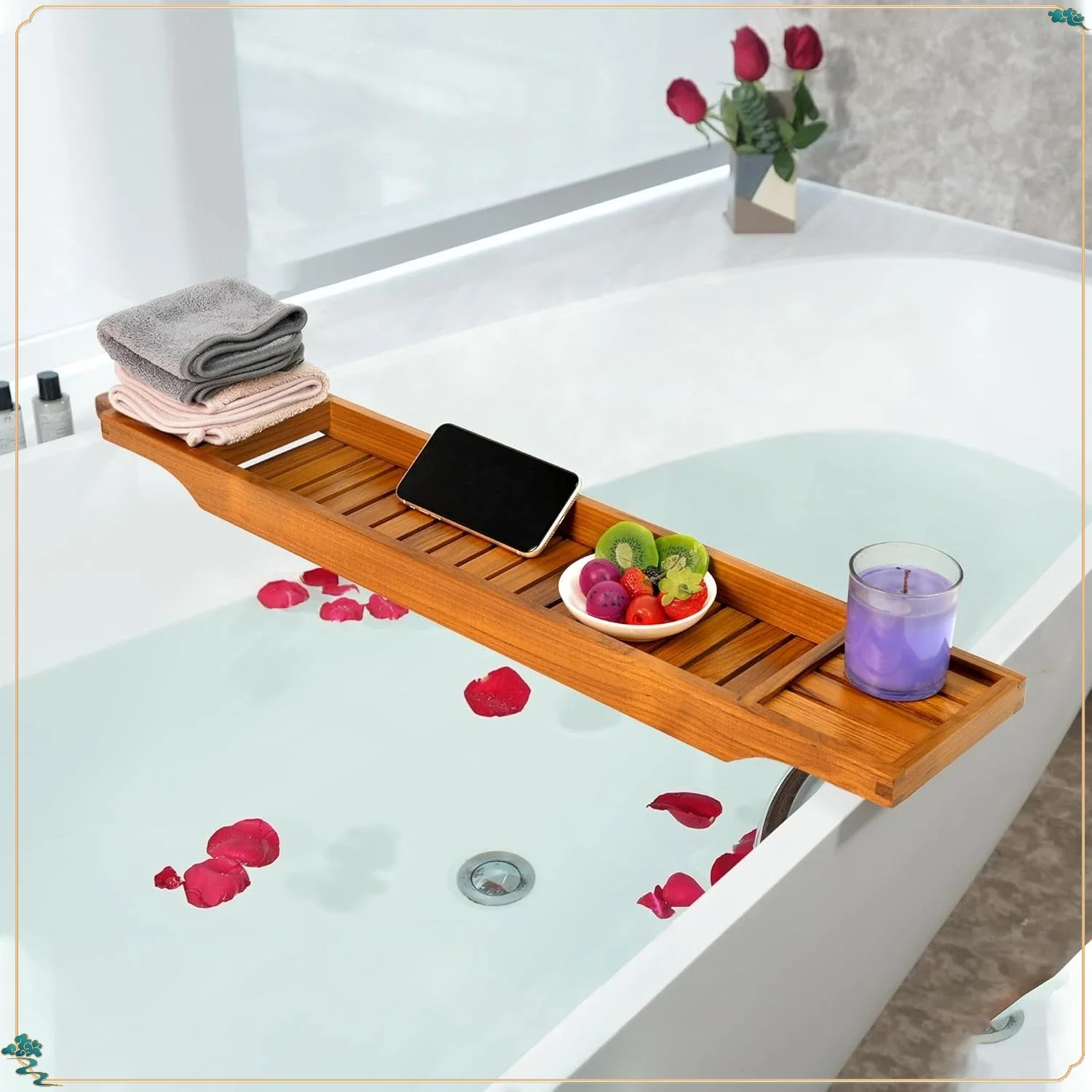 

Деревянная ванна Caddy из натурального тикового дерева с водонепроницаемой отделкой - поднос для книг и вина в ванной комнате для отдыха