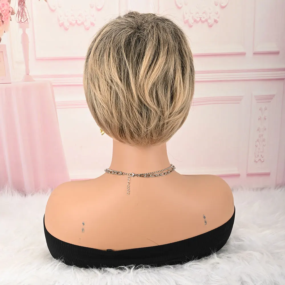 short pixie wig synthetic wig for women blonde highlight wig layered short wigs wigs with bangs everyday wig cosplay wigs
