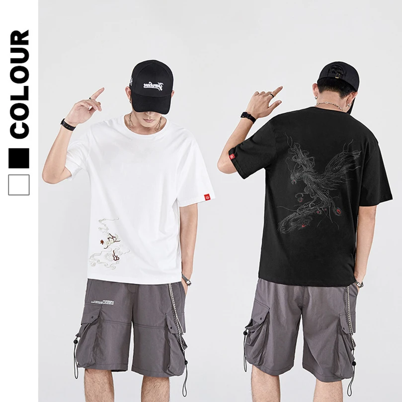 2024 Summer Cotton Trend Oversize Short Sleeve T-Shirt Men\'s National Chinese Style Tshirt Men\'S Phoenix Embroidery Top Tee New