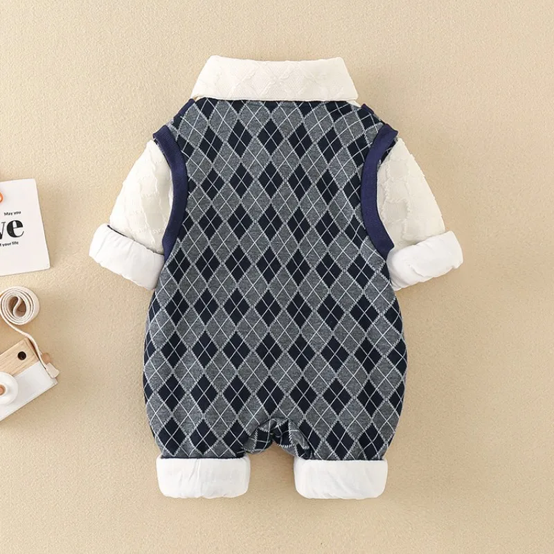 Baby Clothes Autumn Male Baby Plaid Handsome Bow Tie Fake Two Crawling Clothes Long-sleeve Onesie Newborn Coats