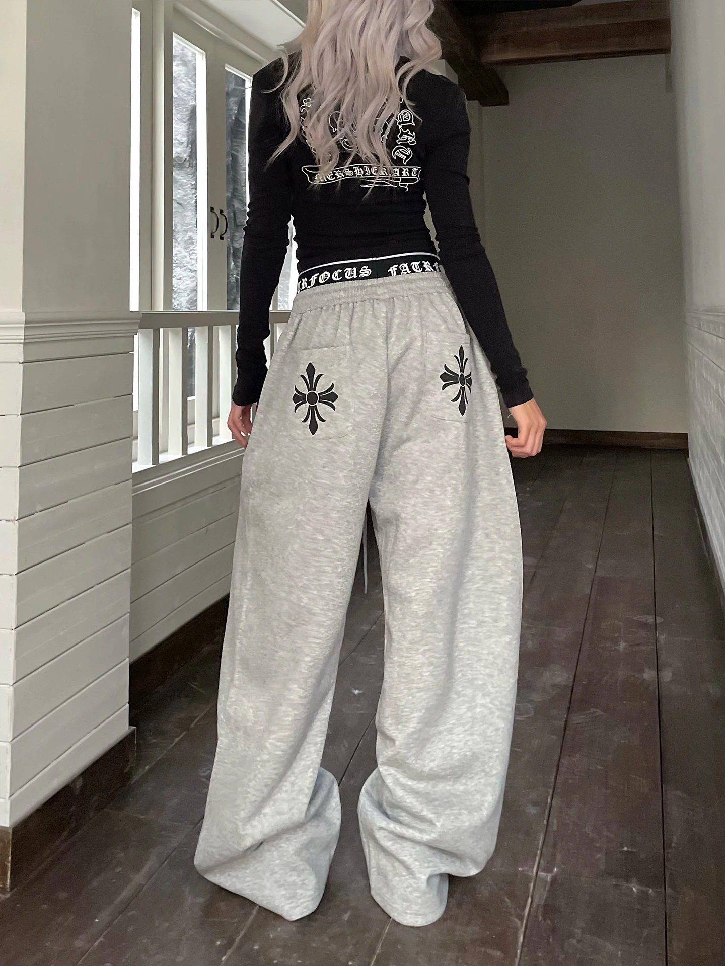 Gothic Style Embroidered Drapey Floor-Length Casual Pants Double Waist Head Cross Stitch Loose Wide Leg Pants YAMMYUKI