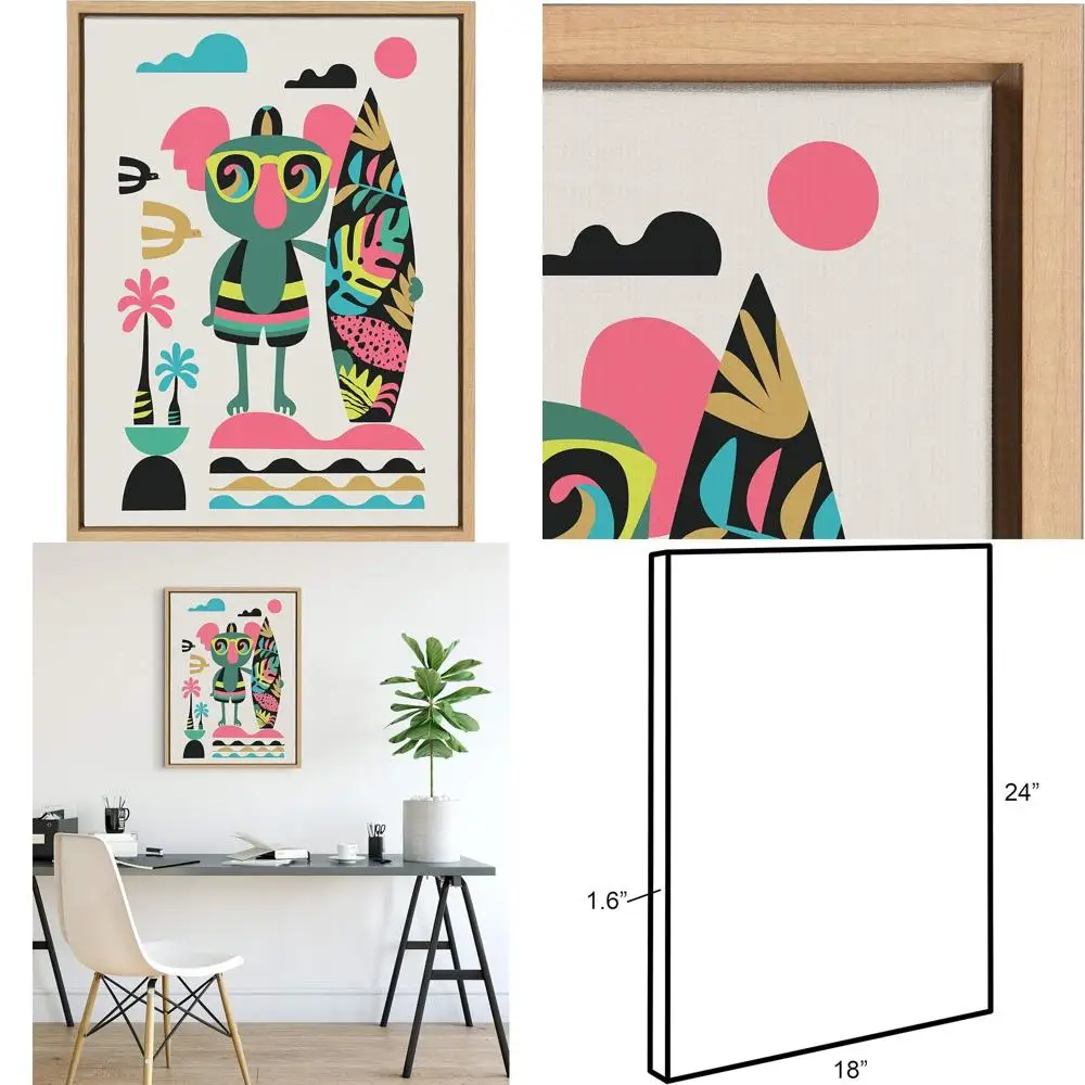 

Rachel Lee's Mid-Century Modern Surf Koala Wall Art, 18x24, Natural Frame, Cute Tropical Canvas