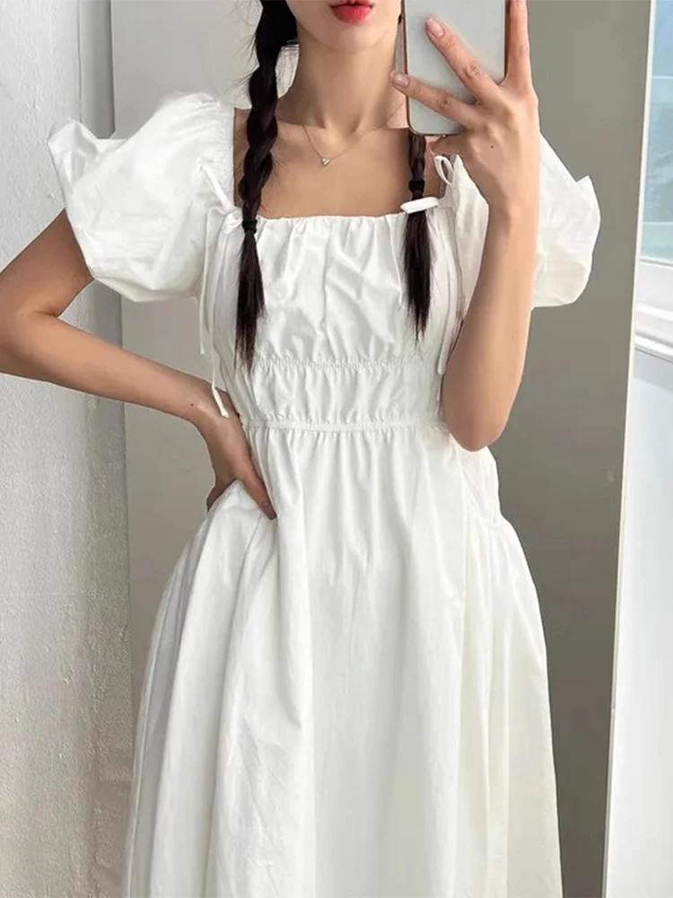 Chic Summer Sweet T Dr with Bowknot Bubble Sve Gathered Waist Slimming Women's Faion Korean Sle High Waist Long...