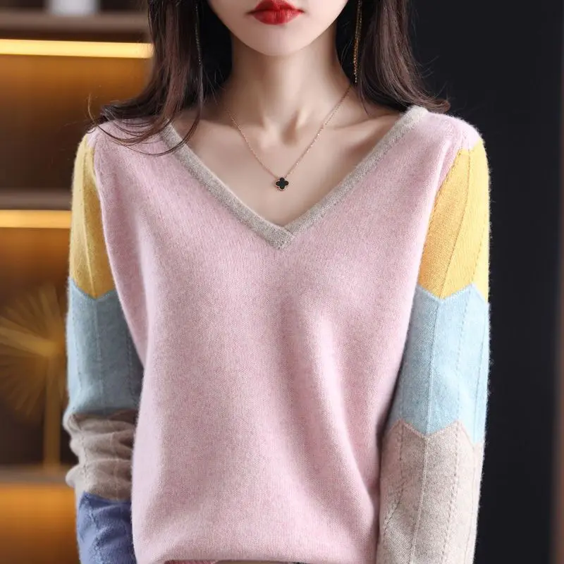 Autumn Winter Elegant Fashion V-neck Sweet Patchwork Sweater Women Korean Style All-match Knitting Jumpers Ladies Warm Pullover
